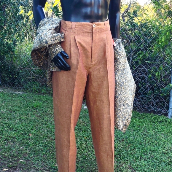 Pierre Garcia Men's Luxury Linen Mustard Color Pleated Trousers - Picture 10 of 17